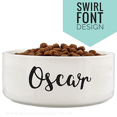 Personalised Dog Bowls White with Swirl Font Design (Medium)